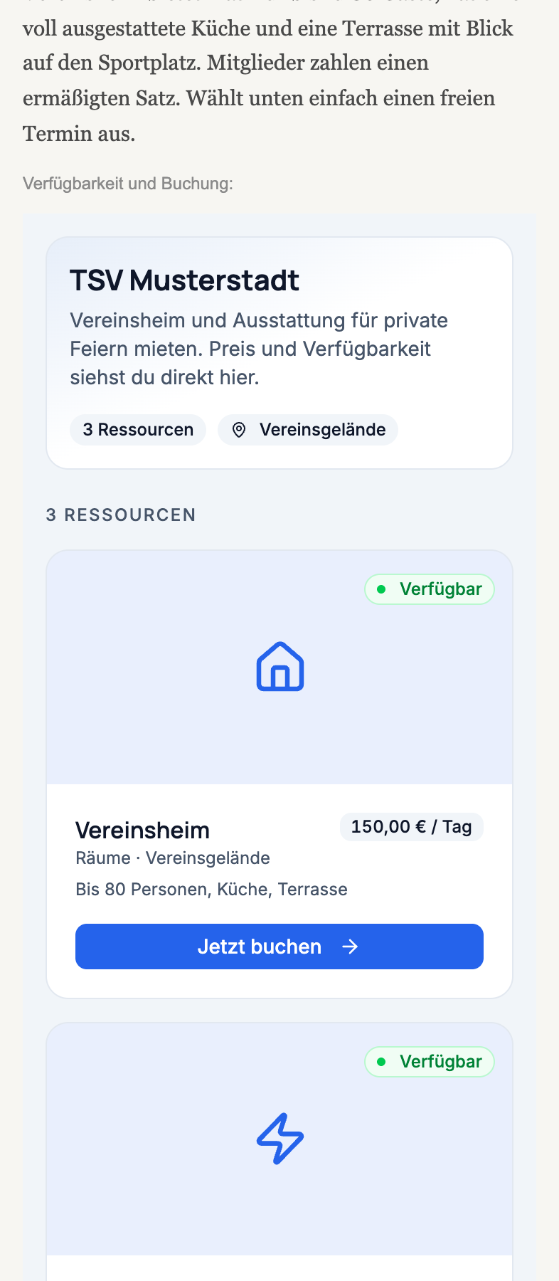 The embedded booking page on a phone screen: the availability calendar fills the width of the content area and flows into the club website's text without a break.