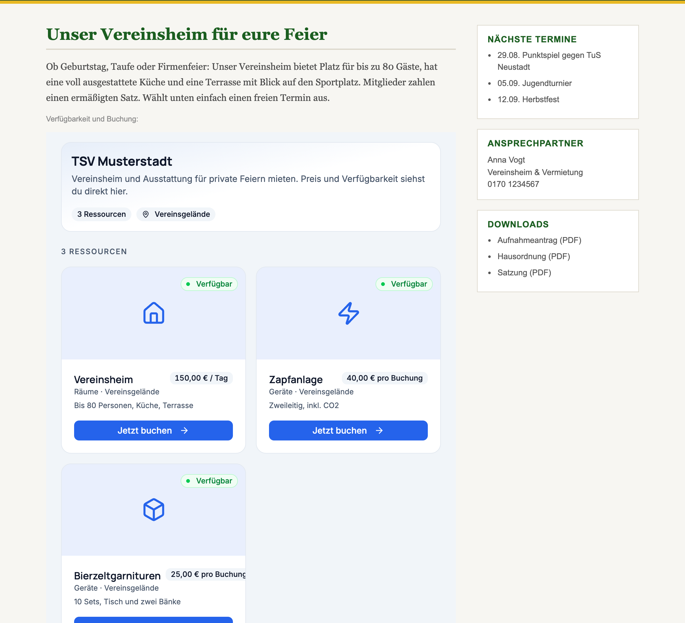 The same page, now with the embedded availability calendar: clubhouse, beer tap and beer tent sets, each marked "Available" with a price and a Book button, surrounded by the club's menu and sidebar.