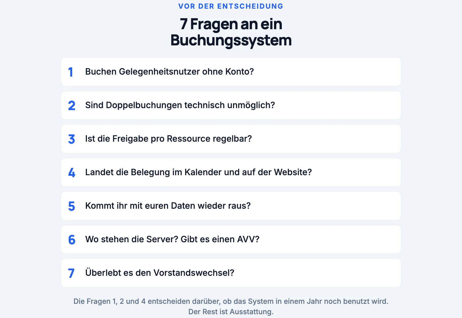 Checkliste mit sieben Fragen an ein Buchungssystem, von der Buchung ohne Konto bis zur Frage, ob es den Vorstandswechsel überlebt.